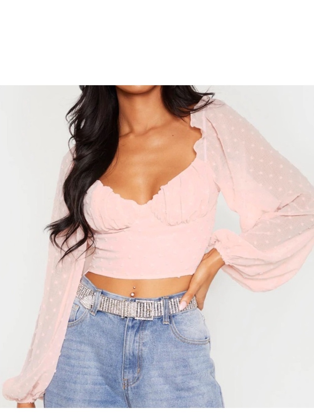 PrettyLittleThing Pale Pink Swiss Dot Puff-Sleeve Crop Top